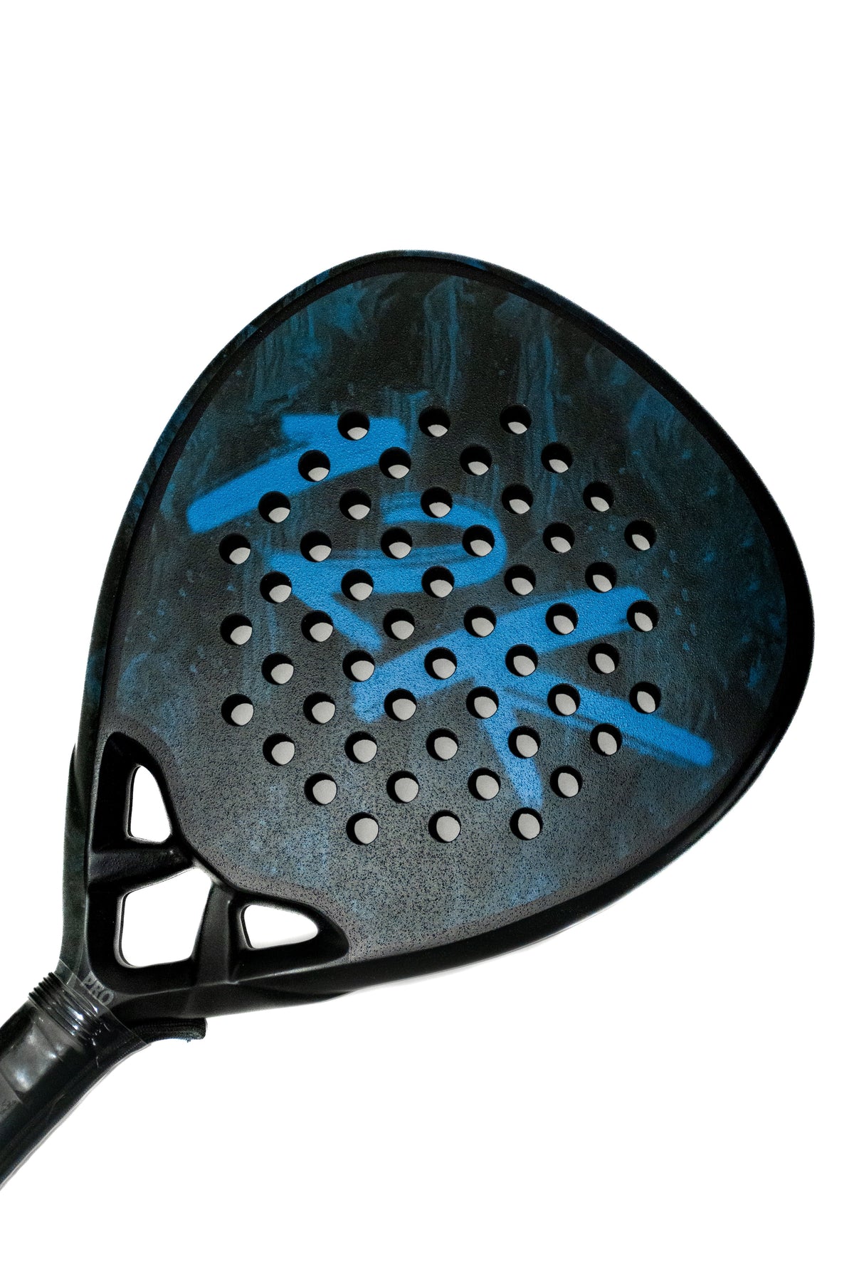 Close up of a padel racket frame and head where lead tape would be applied to adjust weight and balance