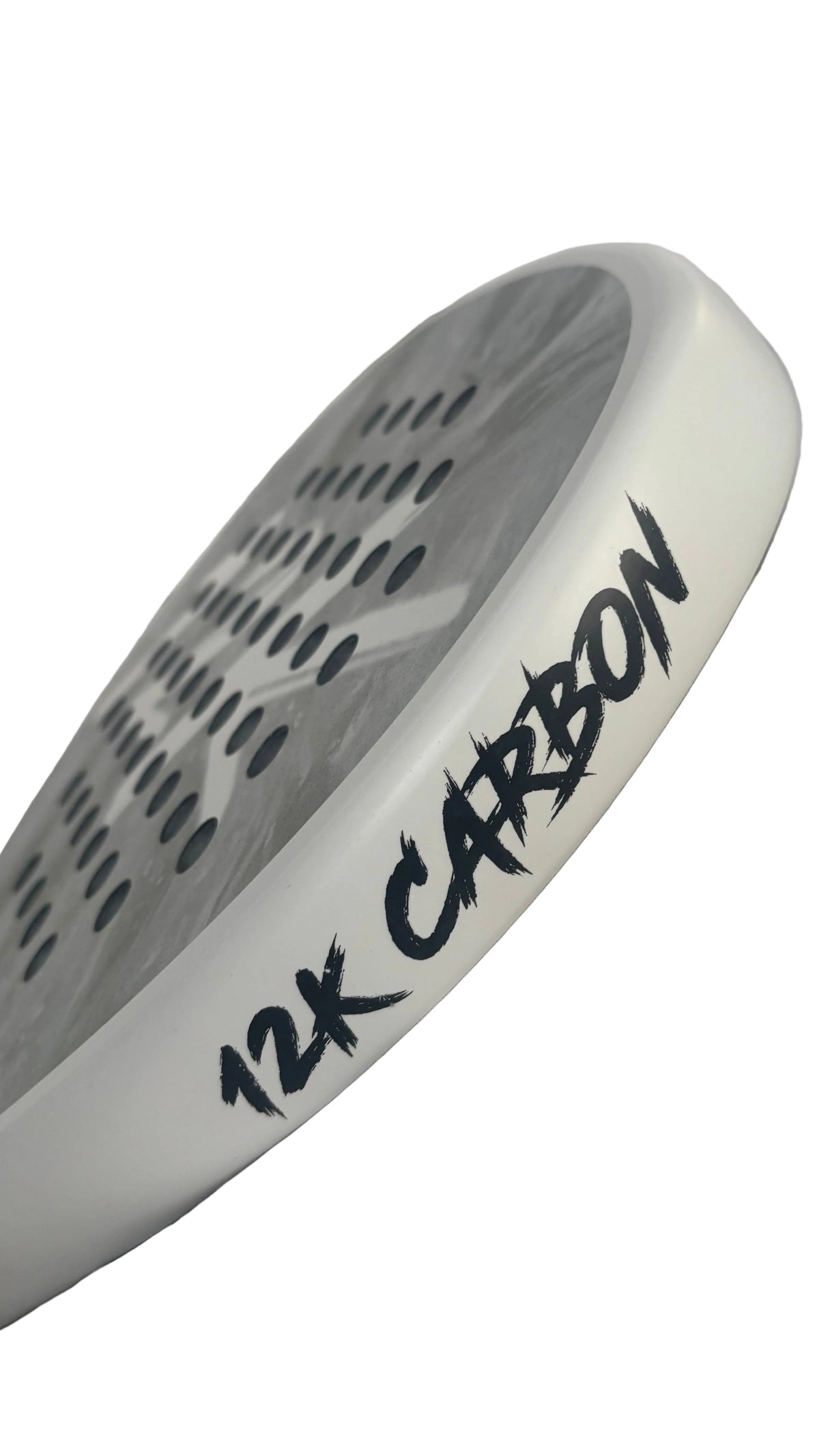 12K Padel Ice White racket frame detail showing the 12K Carbon branding on the edge guard
