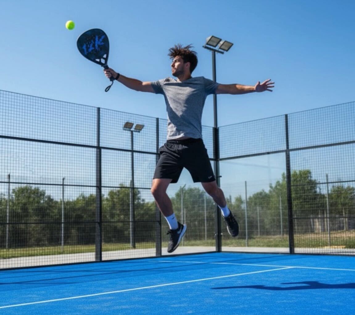 Padel player jumping to smash with the 12K Padel Shark Blue racket on an outdoor blue court
