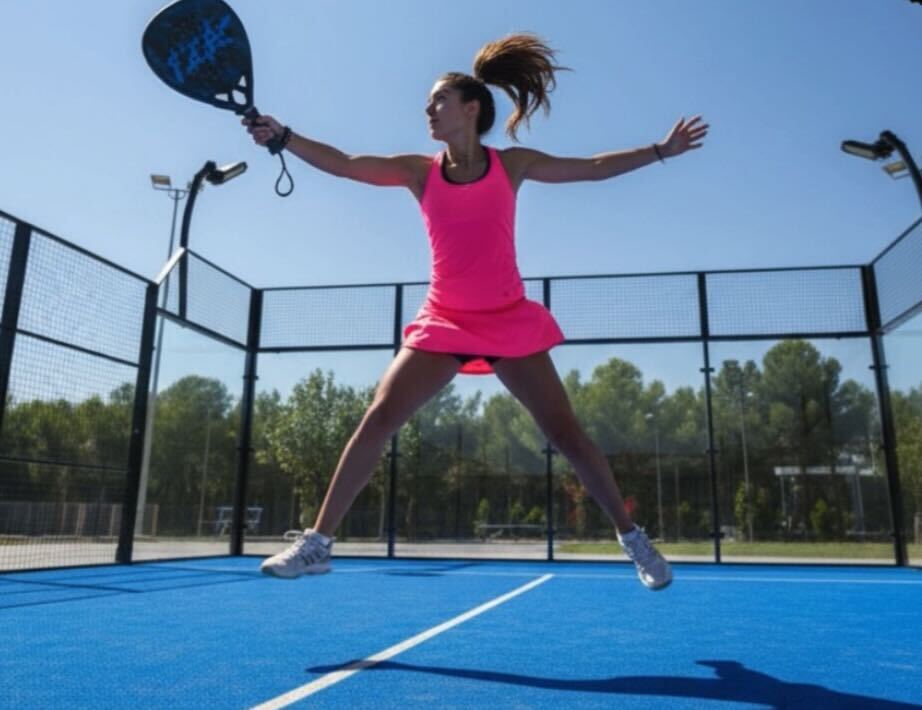 Padel player holding a 12k Padel carbon racket on an indoor court