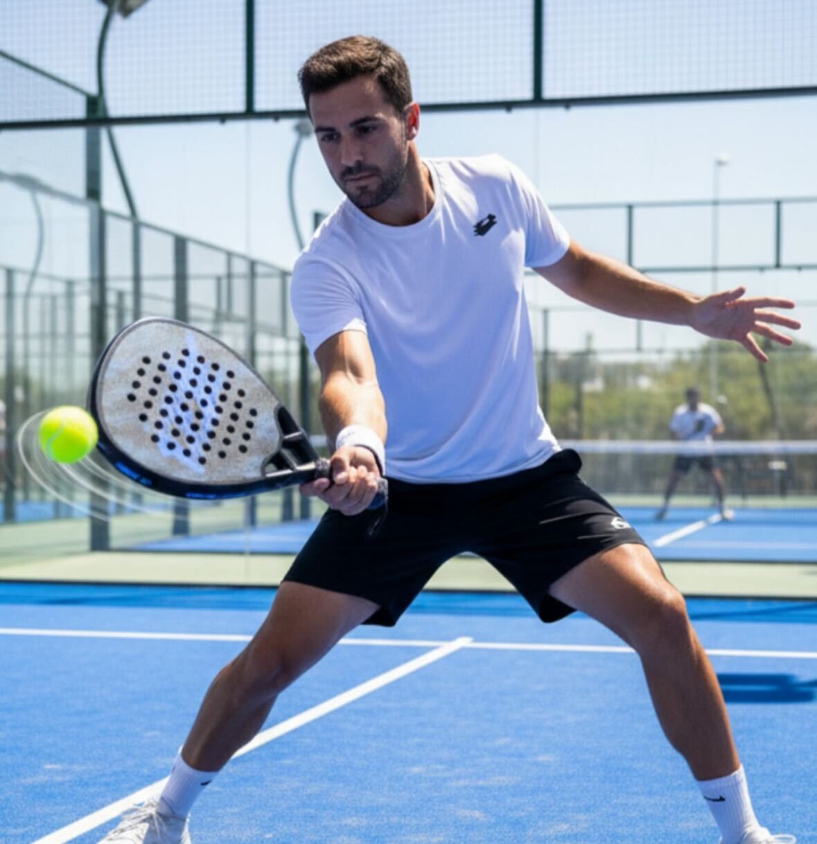 Padel player on an outdoor court in cold winter conditions