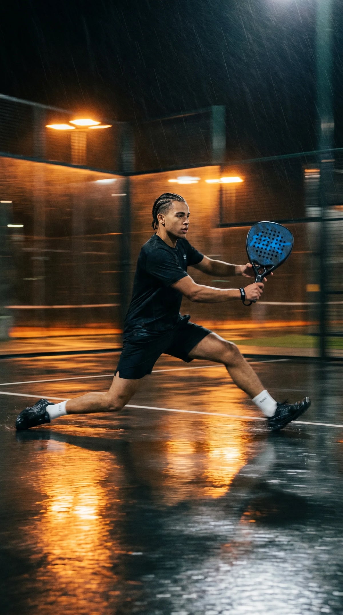 12k Padel Shark Blue racket, player sliding on a rain-soaked padel court