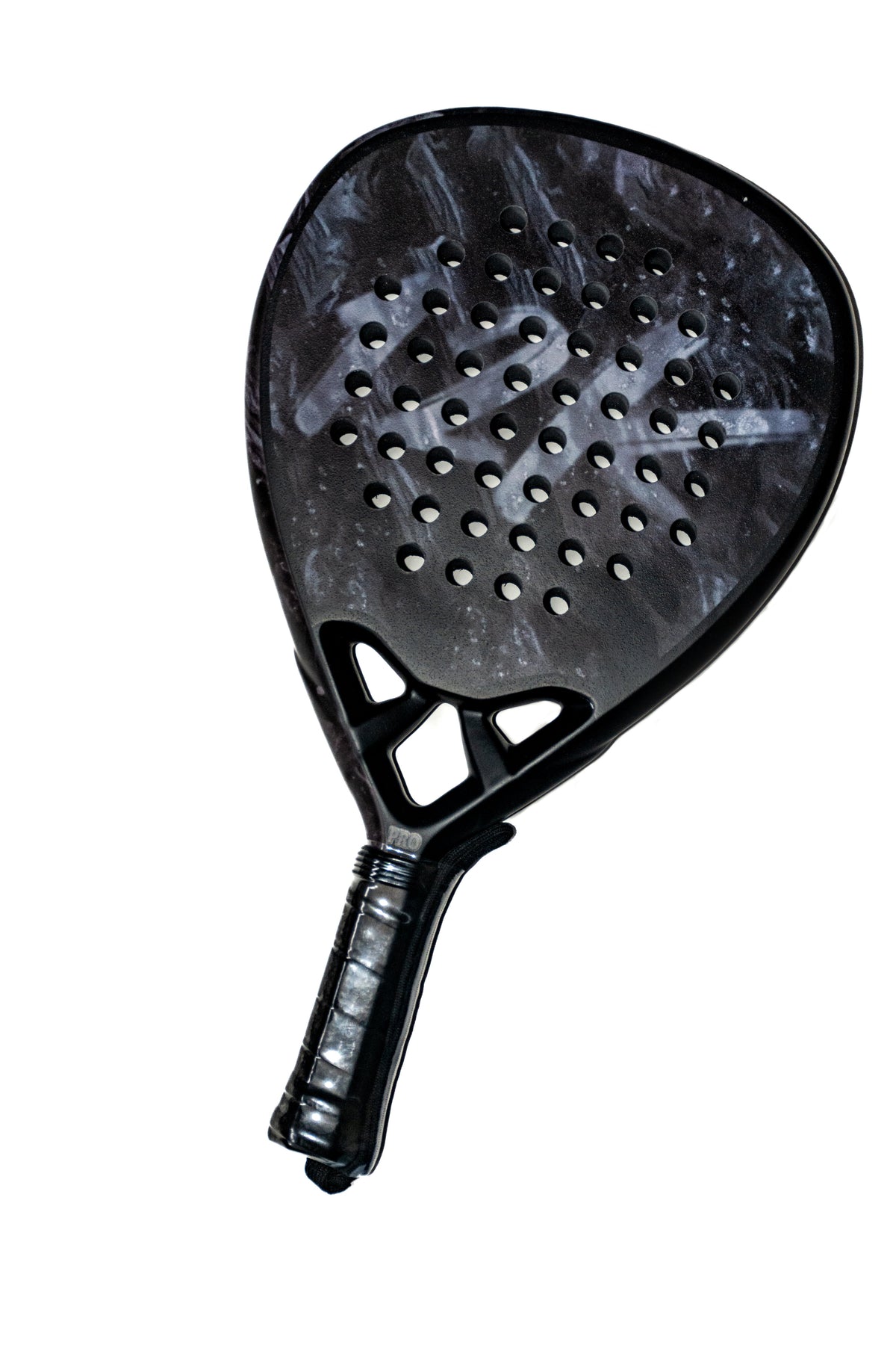 Close up of the 12K Padel Midnight Black racket face showing the carbon fibre weave and drill holes