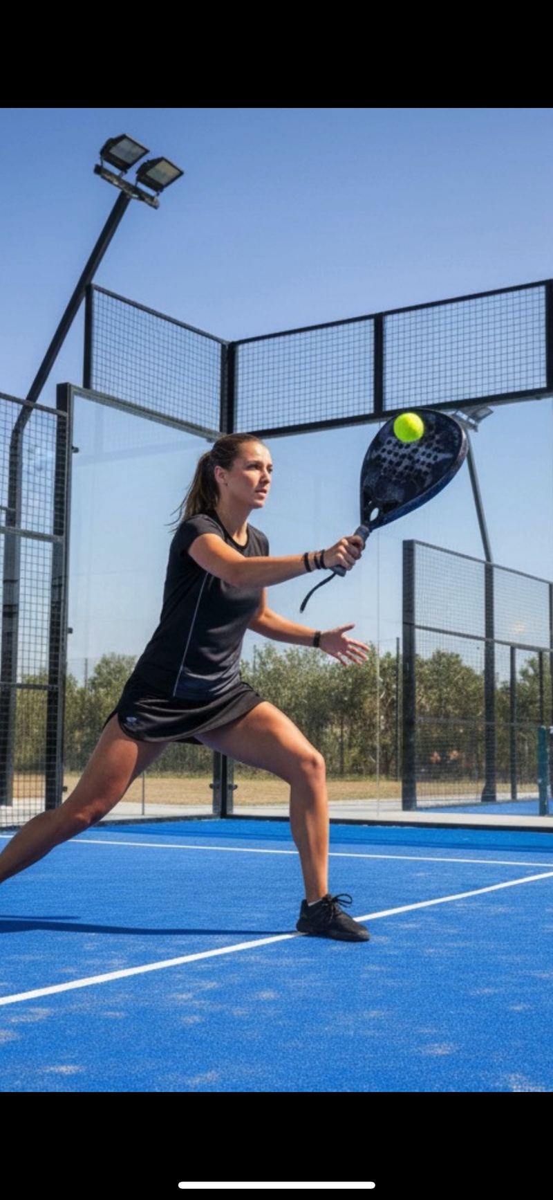 Padel player in action during a fast rally on court