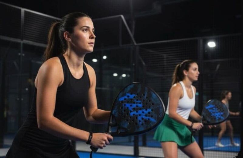 Padel player on an outdoor court in summer sunshine