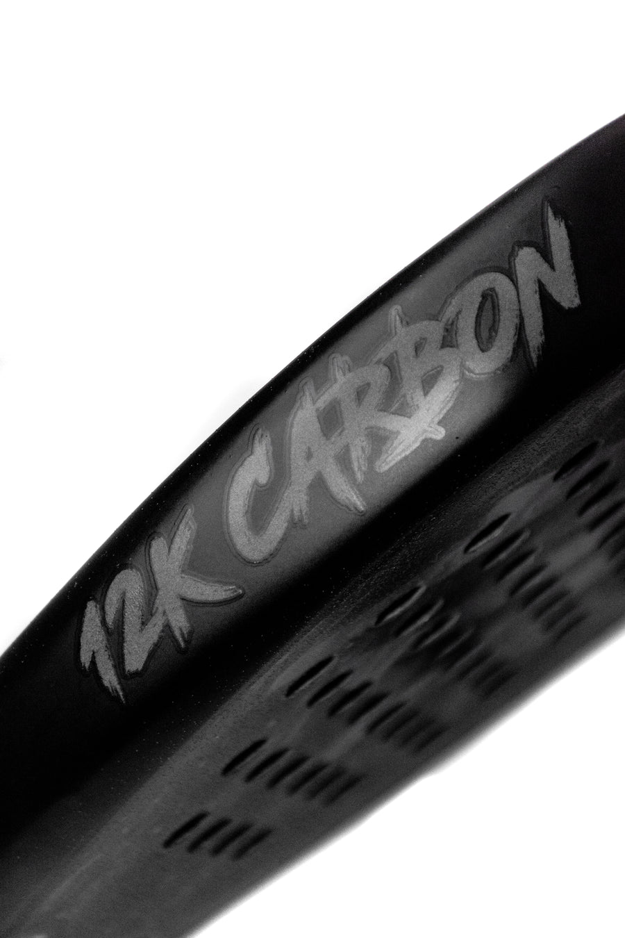 12K Padel Midnight Black racket frame close up showing 12K Carbon branding on the edge guard