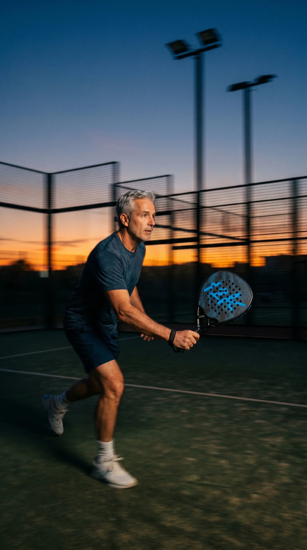 12K Padel Shark Blue racket, player at sunset on an outdoor court
