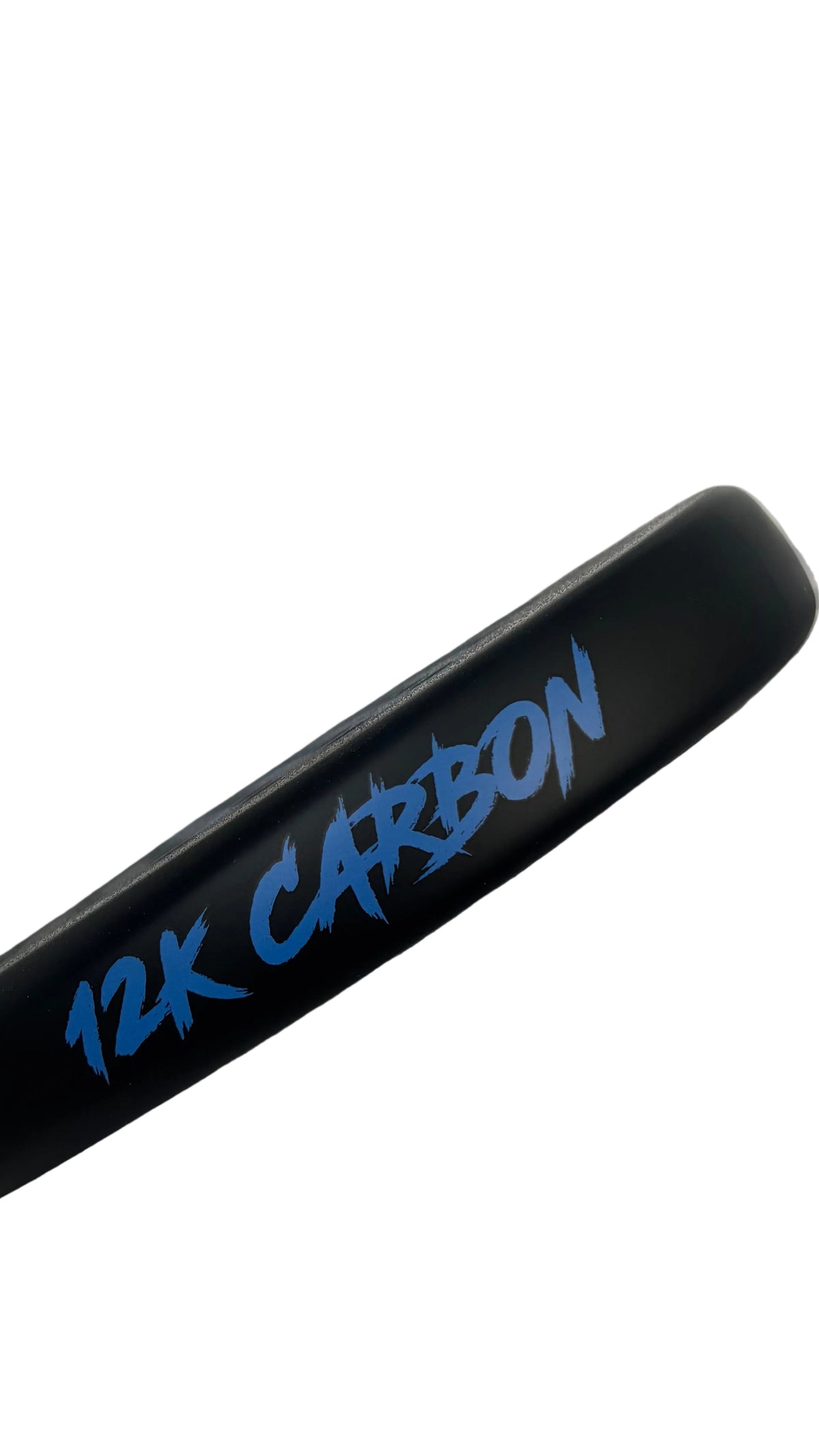 12K Padel Shark Blue racket frame detail showing 12K Carbon branding in blue on the edge guard