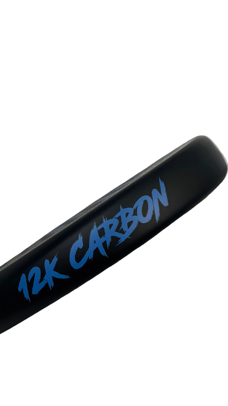 12K Padel Shark Blue racket frame detail showing 12K Carbon branding in blue on the edge guard