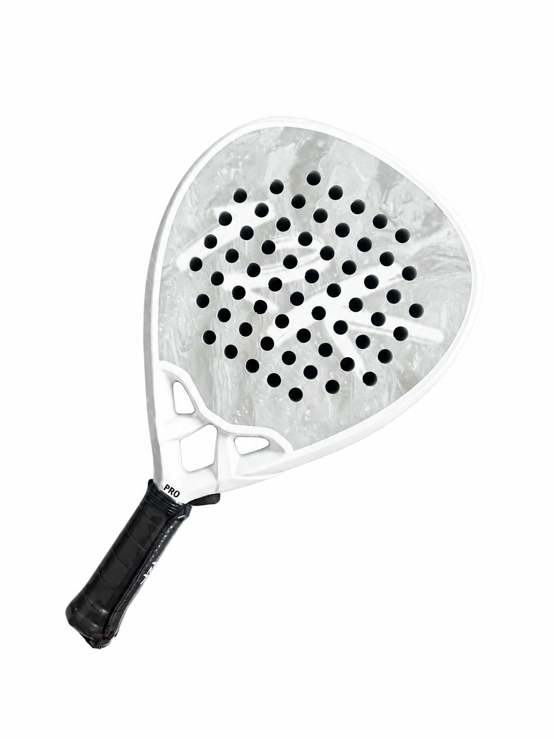12K Padel Ice White racket angled view showing the marbled white face and holes