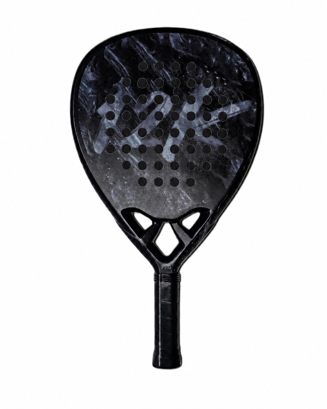 12K Padel Midnight Black carbon fibre padel racket, front view on white