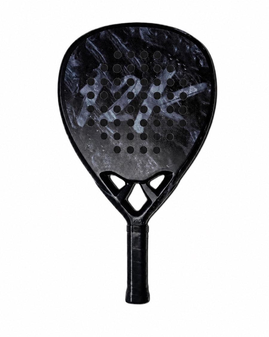 12K Padel Midnight Black carbon fibre padel racket, front view on white