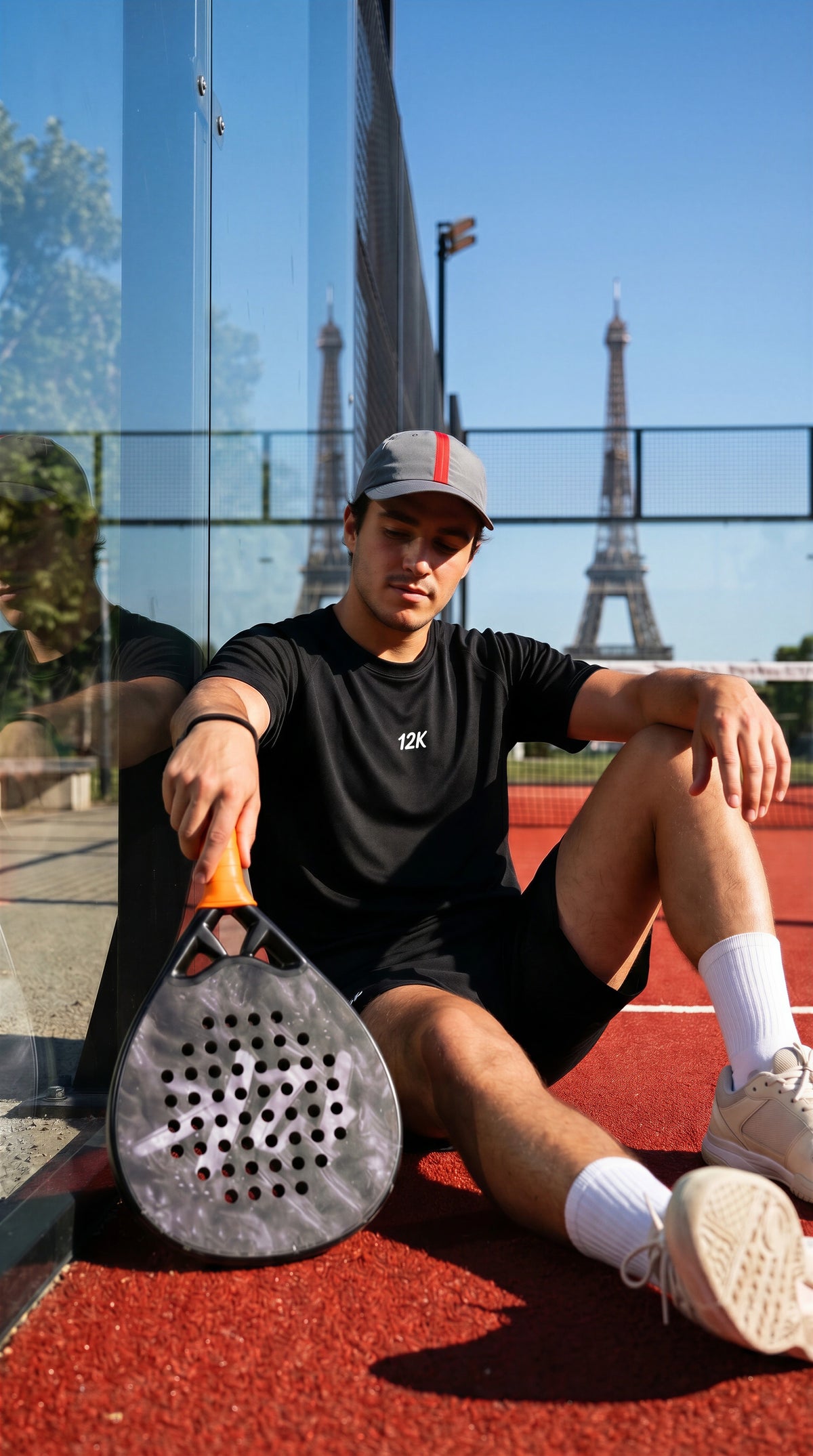 12K Padel Midnight Black racket, player sitting courtside in Paris